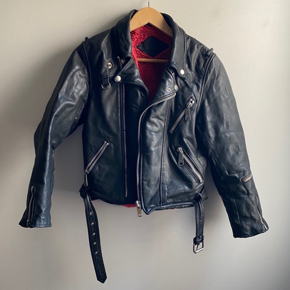 Vintage Jackets & Blazers - Vintage black leather moto red fuzzy lined jacket